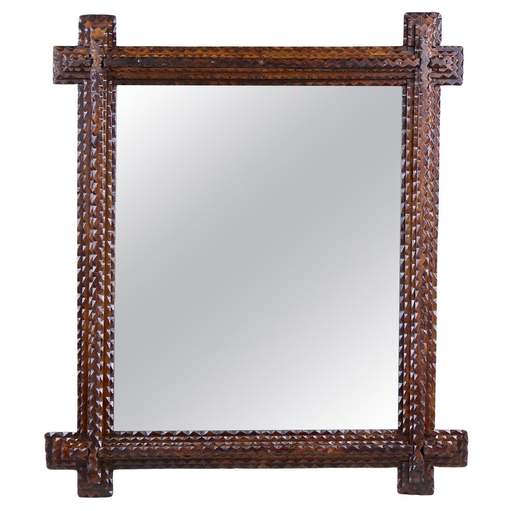 Tramp Art Rustic Wall Mirror, 19th Century Handcarved, Austria ca. 1880