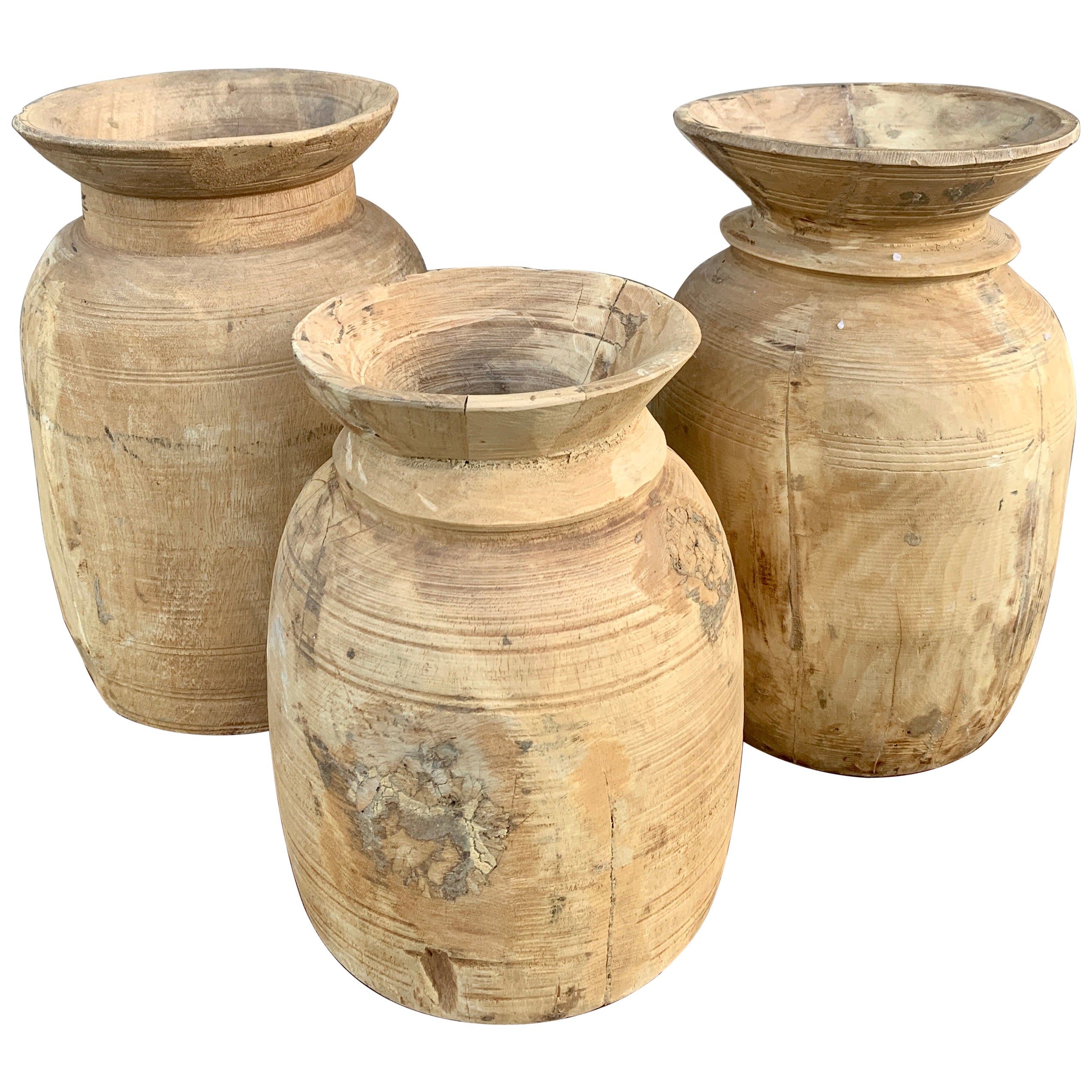 Antique Wabi-Sabi Hand Turned Bleached Raw Wooden Vessels, Set of 3 For Sale