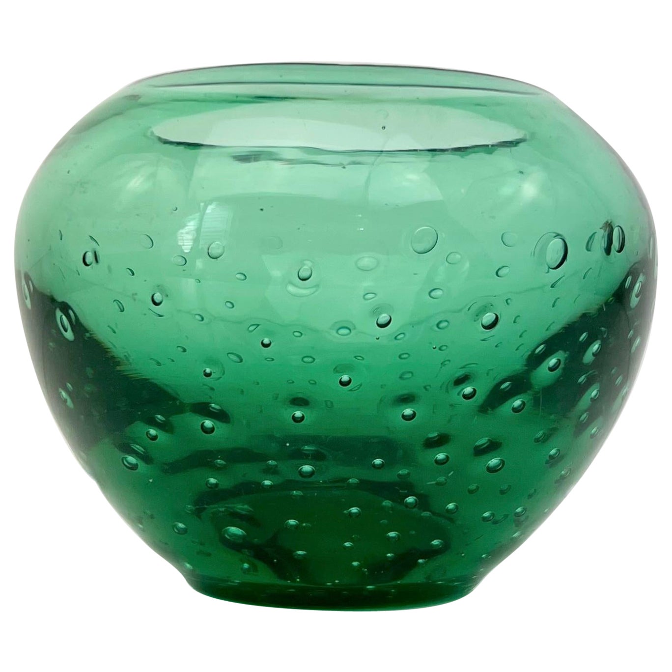 Vintage 1940s Controlled Bubble Glass Bowl Vase by Carl Erickson Kelly Green For Sale