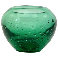 Vintage 1940s Controlled Bubble Glass Bowl Vase by Carl Erickson Kelly Green