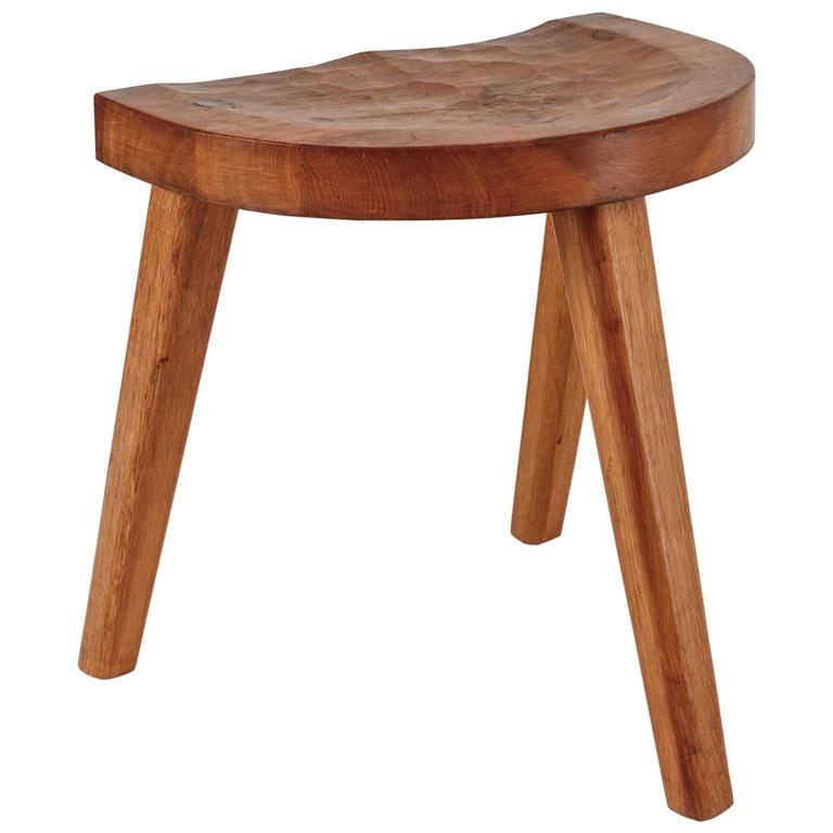 Jean Touret Oak Stool with Semicircular Seat, for Marolles, France