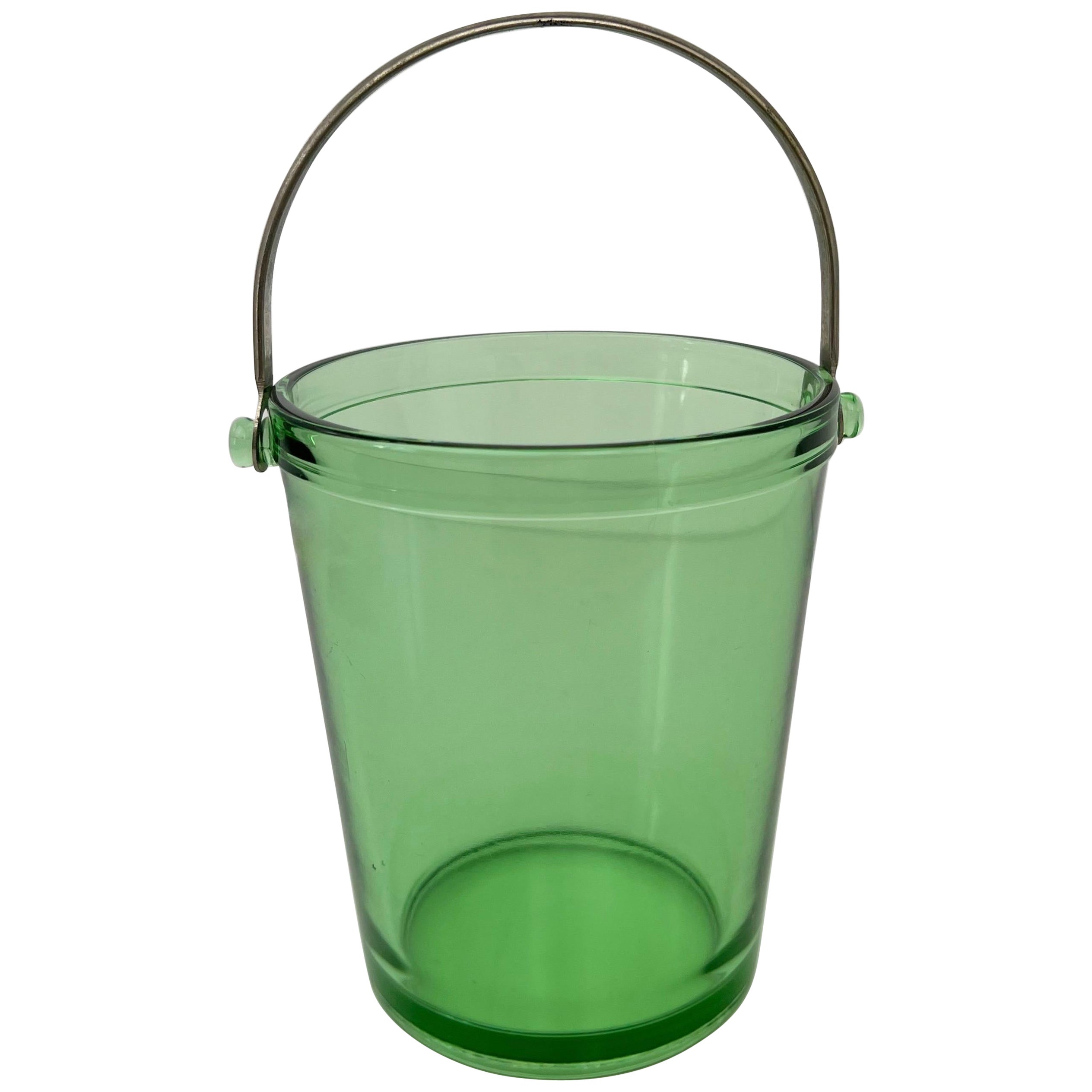 Mid Century Green Glass Ice Bucket with Stainless Handle