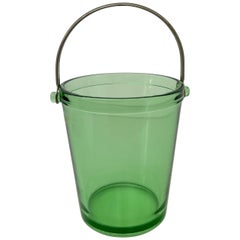 Vintage Mid Century Green Glass Ice Bucket with Stainless Handle