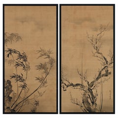 Early 19th Century Pair of Japanese Ink Paintings. Plum & Bamboo by Kano Isenin.