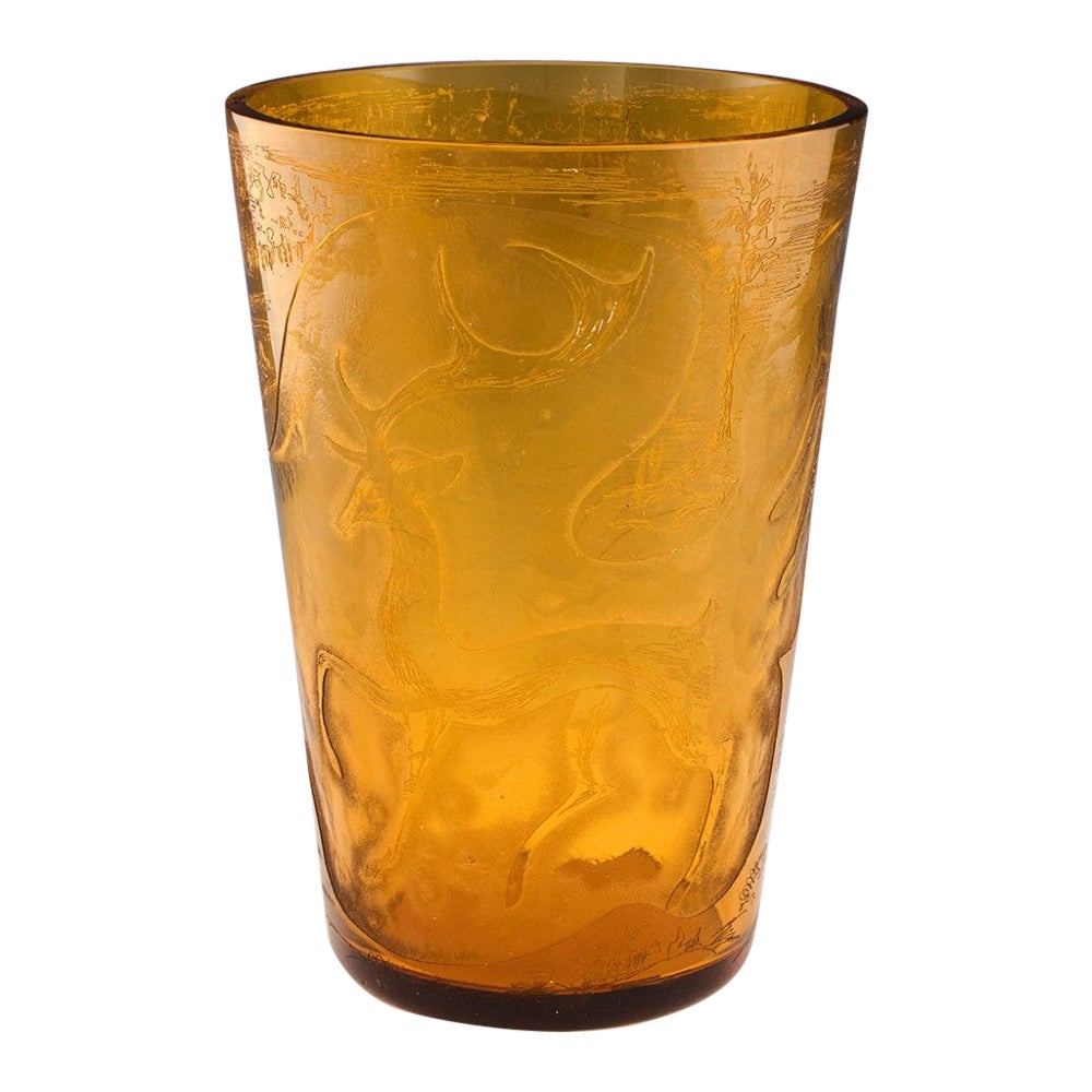 Unique Czech Amber Acid Etched Cameo Midcentury Modern Vase c1955 For Sale