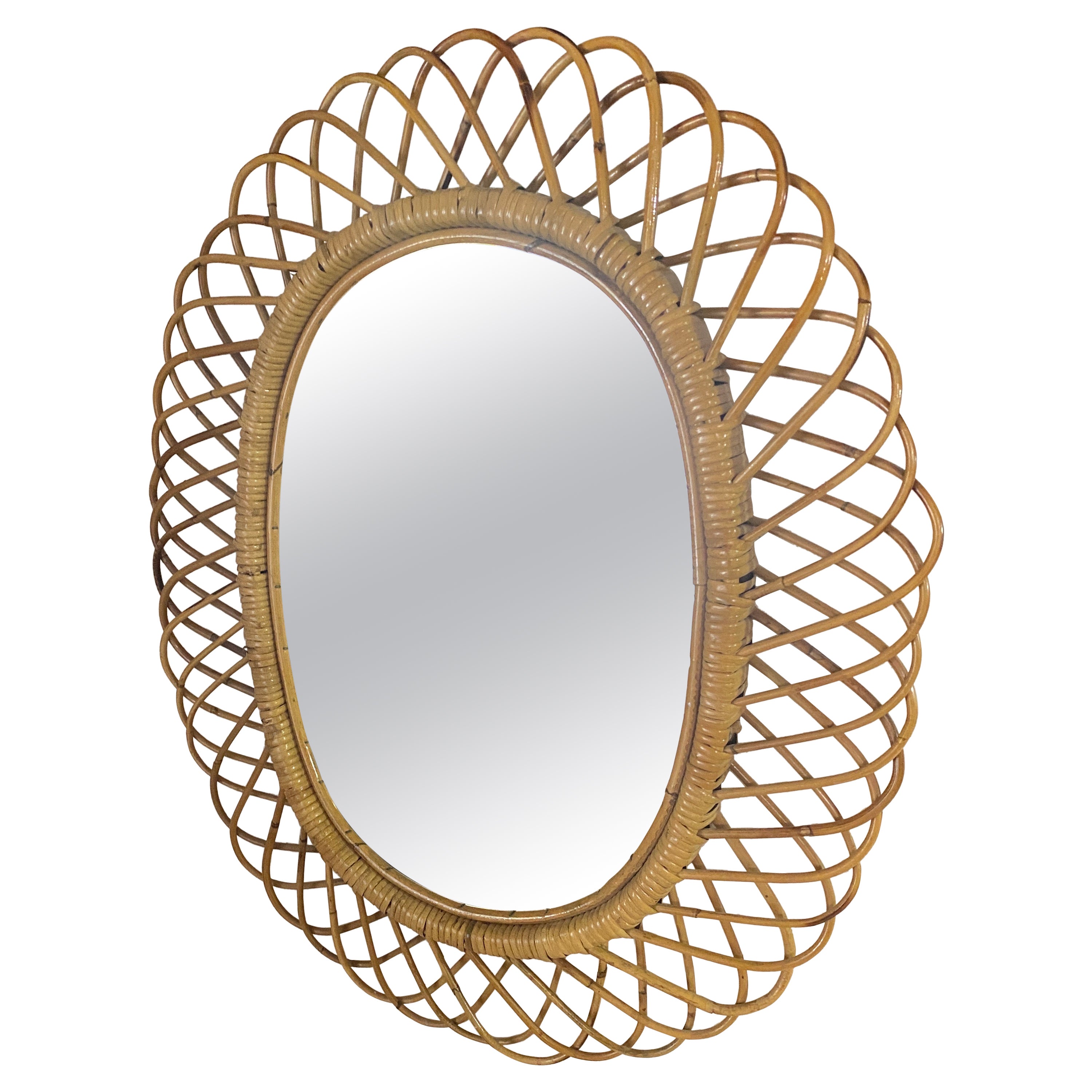 Mid-Century Modern Midcentury French Riviera Rattan and Bamboo Oval Wall Mirror, Italy 1960s