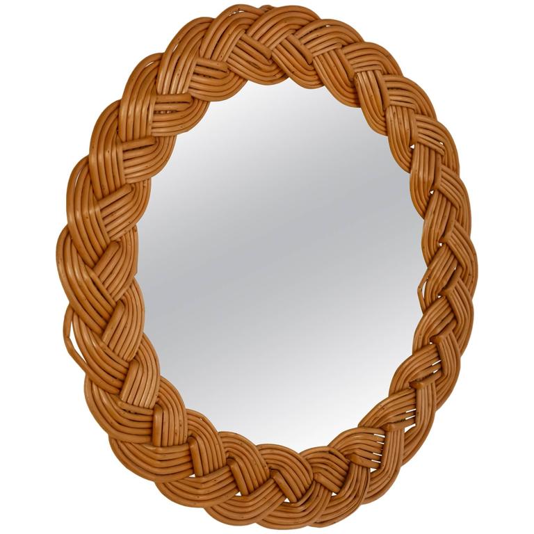 Jean Touret Wall Mirror With Wicker Frame Atelier Marolles France Jean Touret Wall Mirror With Wicker Frame Atelier Marolles France 1950 For