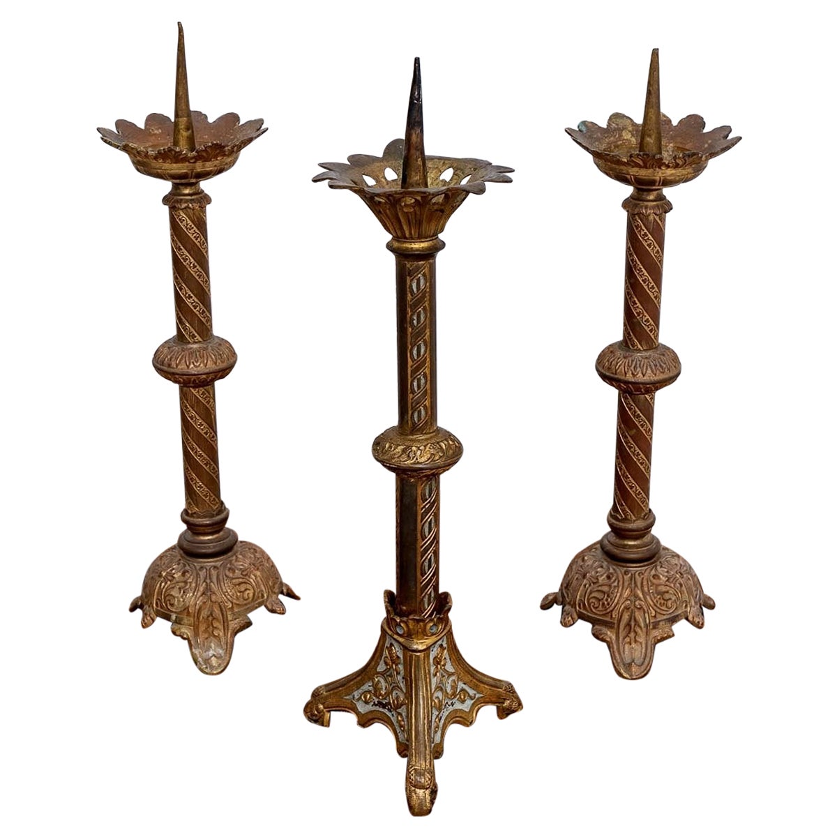 Set Of 3 Altar Candlesticks Candle Holder - Bronze - Period: XIXth Century For Sale