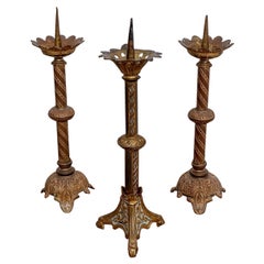 Antique Set Of 3 Altar Candlesticks Candle Holder - Bronze - Period: XIXth Century