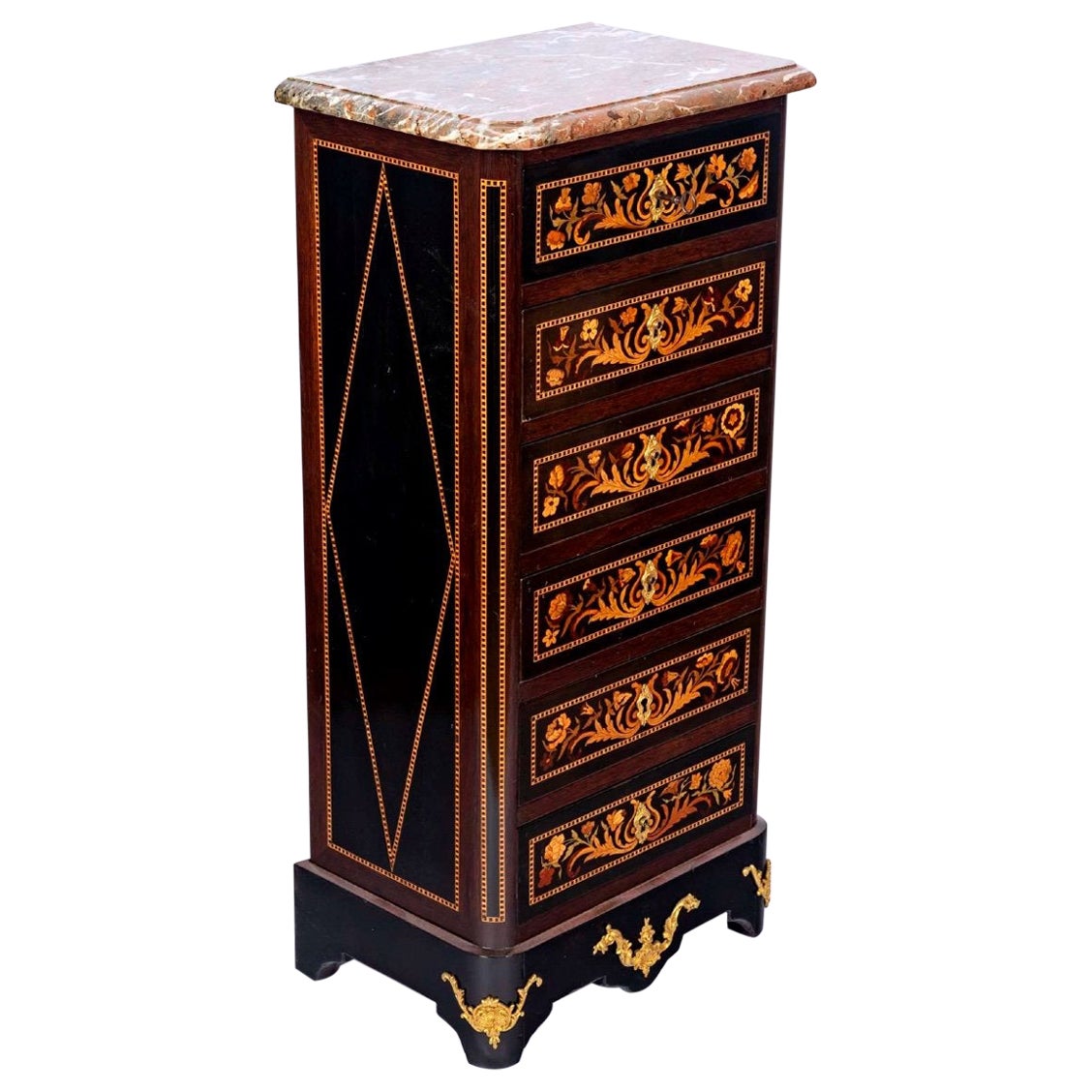 Chiffonier - Six Drawers - Red Marble - Roman Magniant Stamp - XIXth Century For Sale