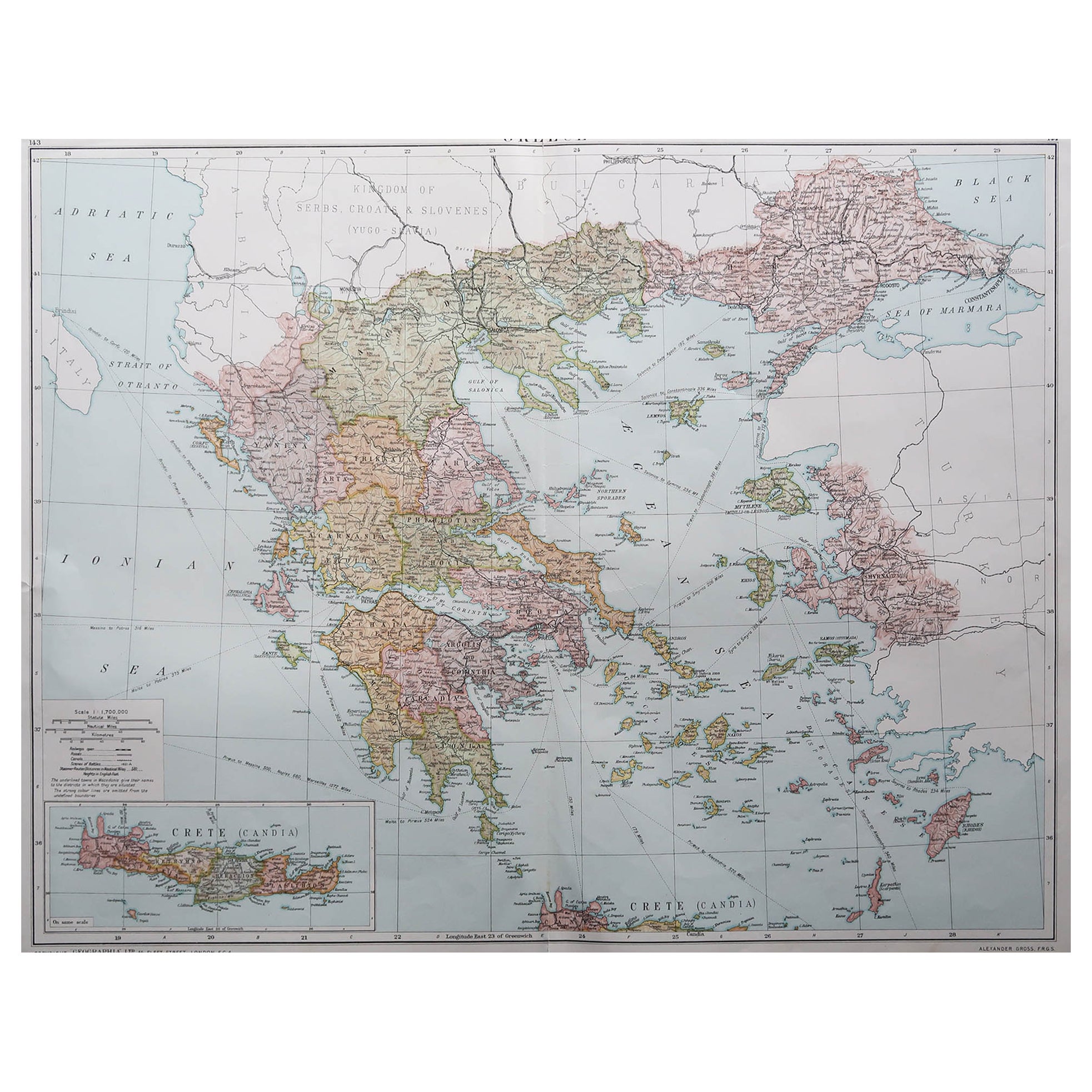 Large Original Vintage Map of Greece, circa 1920 For Sale
