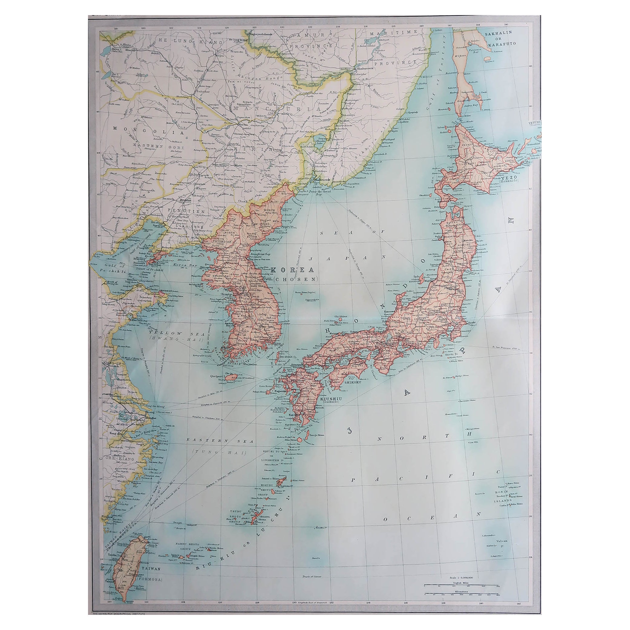 Large Original Vintage Map of Japan, circa 1920 For Sale