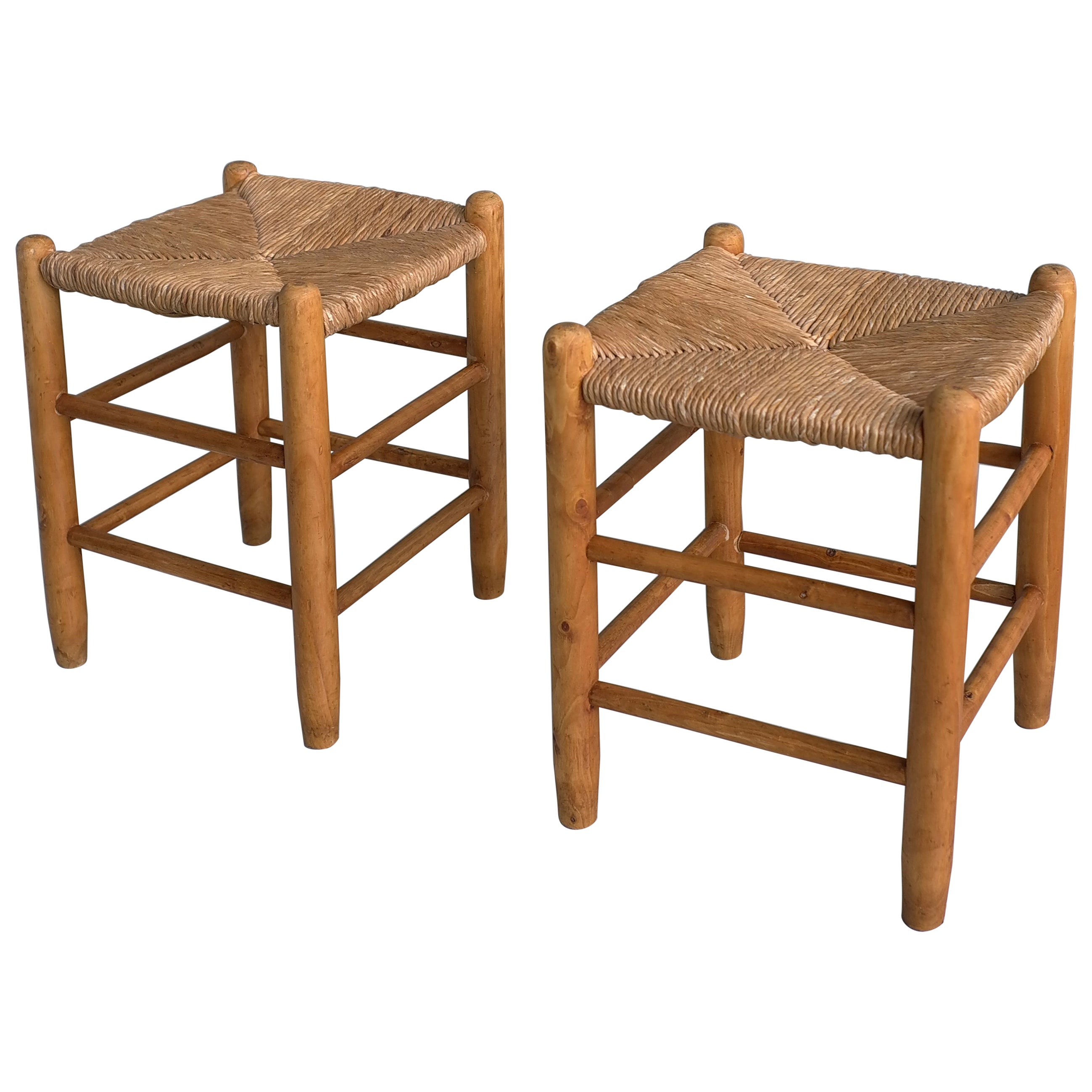 Pair of Wood and Rush Stools in Style of Charlotte Perriand, France 1960's