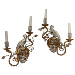 Bagues Sherle Wagner Pair Faux Rock Crystal Glass Bird Urn Gold Gilt Sconces
