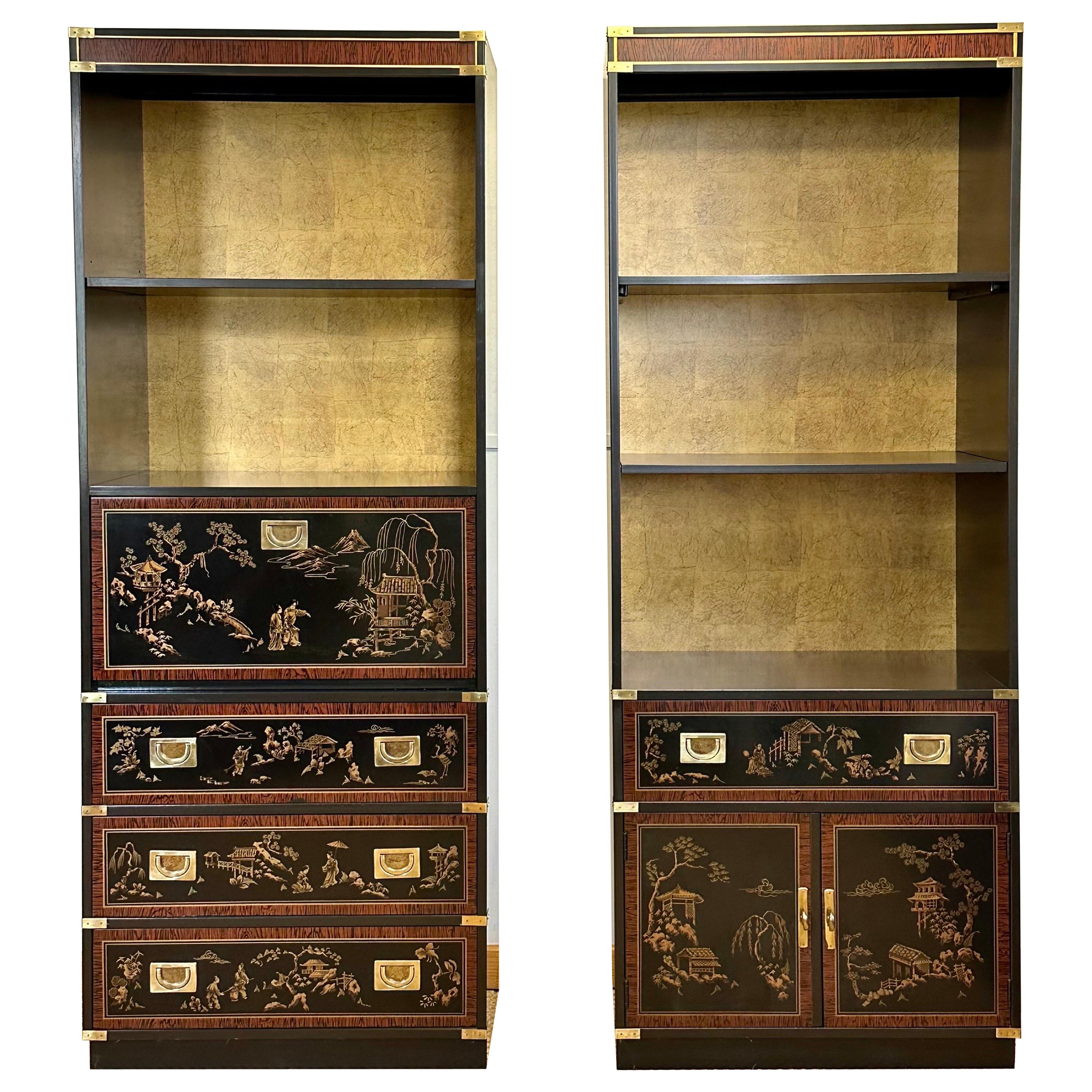 1970s Chinoiserie Drexel Black and Brass Bookshelves – a Pair  For Sale