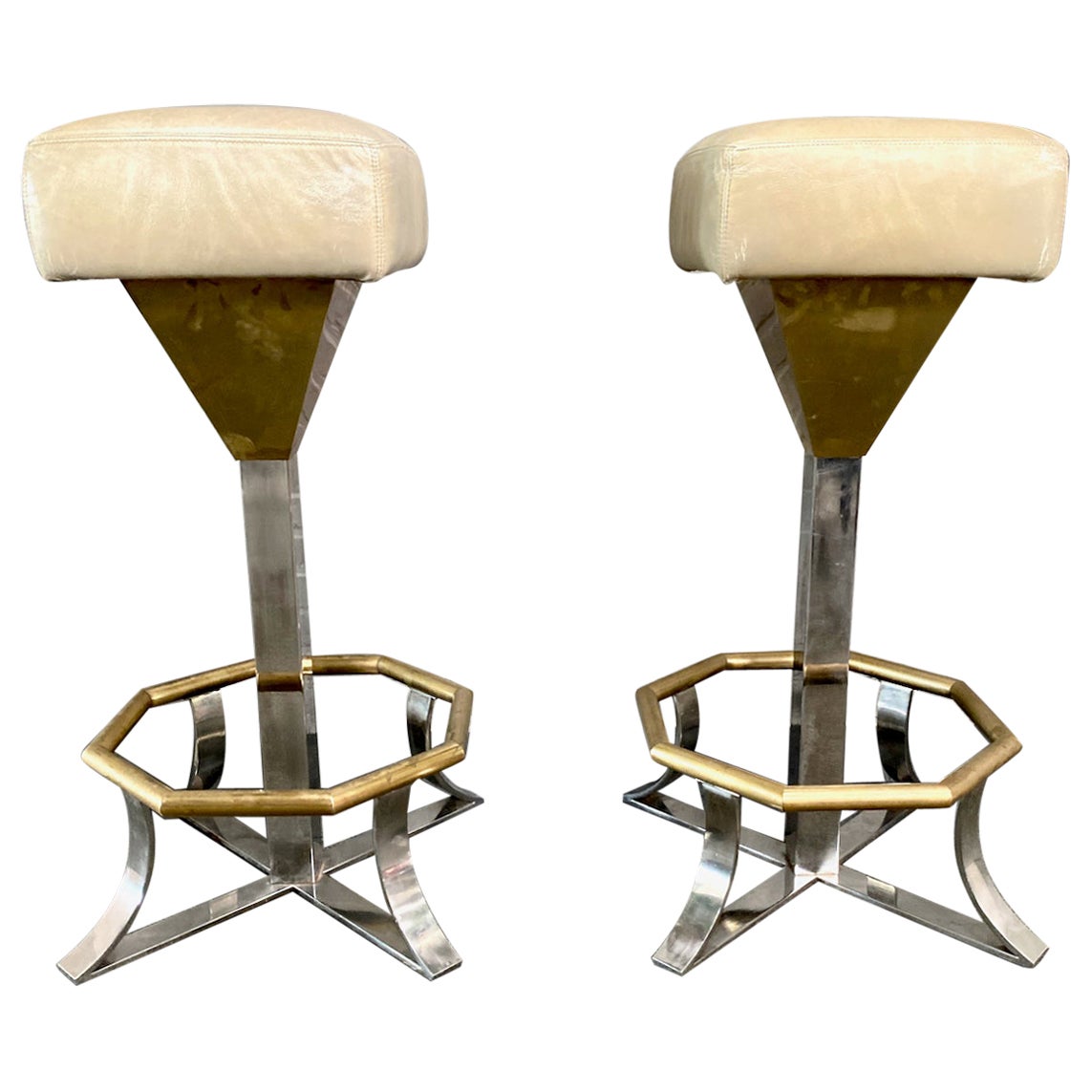 Pair brass Hollywood Regency bar stools