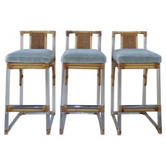 Mid-Century Lucite Rattan and Chrome Barstools with Mohair Fabric - Set of Three