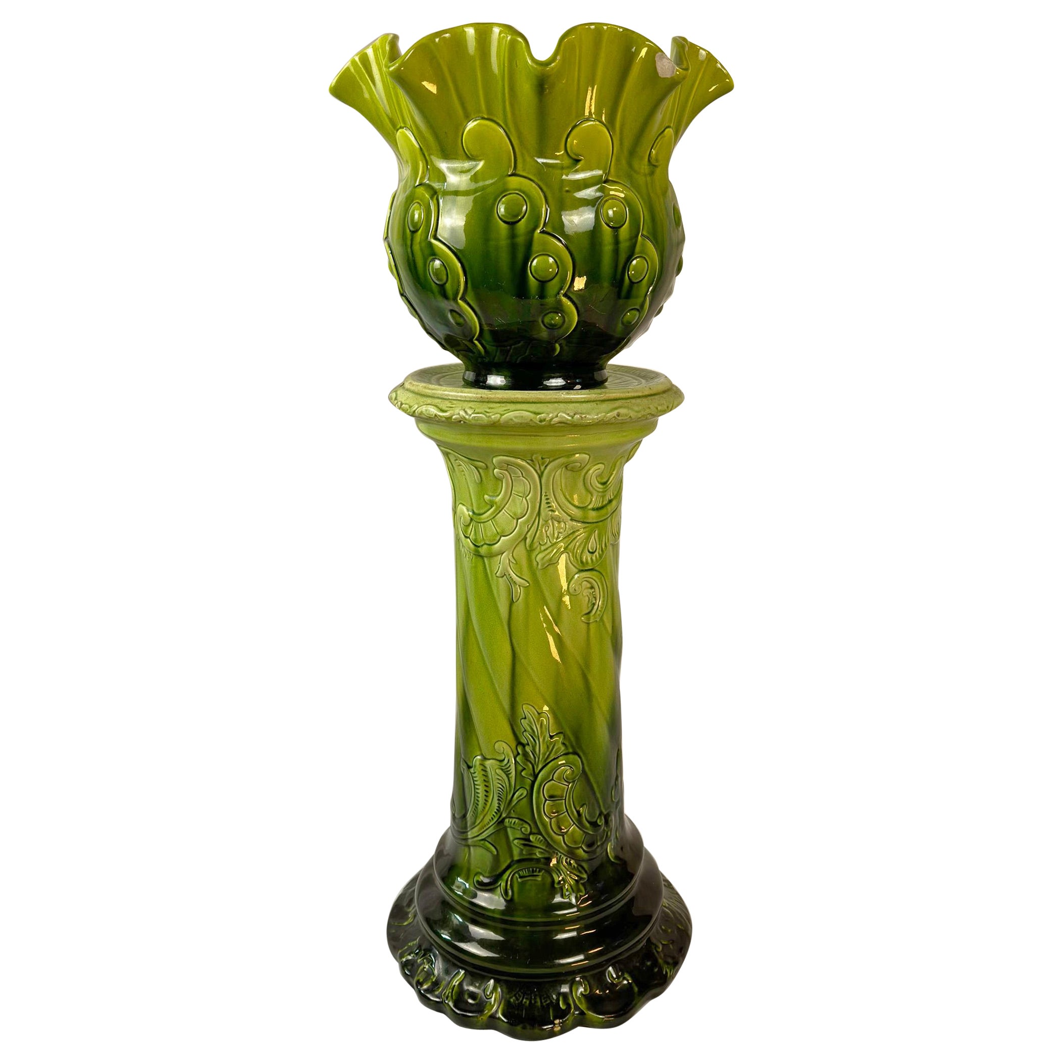 Victorian, Majolica Jardiniere - Green Pottery Planter and Pedestal by Bretby For Sale