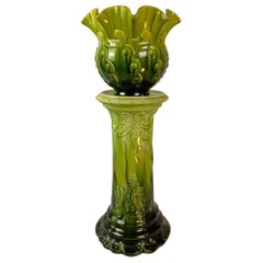 Victorian, Majolica Jardiniere - Green Pottery Planter and Pedestal by Bretby