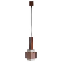 Retro Italian 1960s Dark Teak Pendant Lamp with Milk and Smoky Perspex Shades