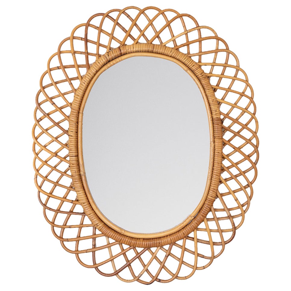 Italian Oval Rattan Mirror by Franco Albini
