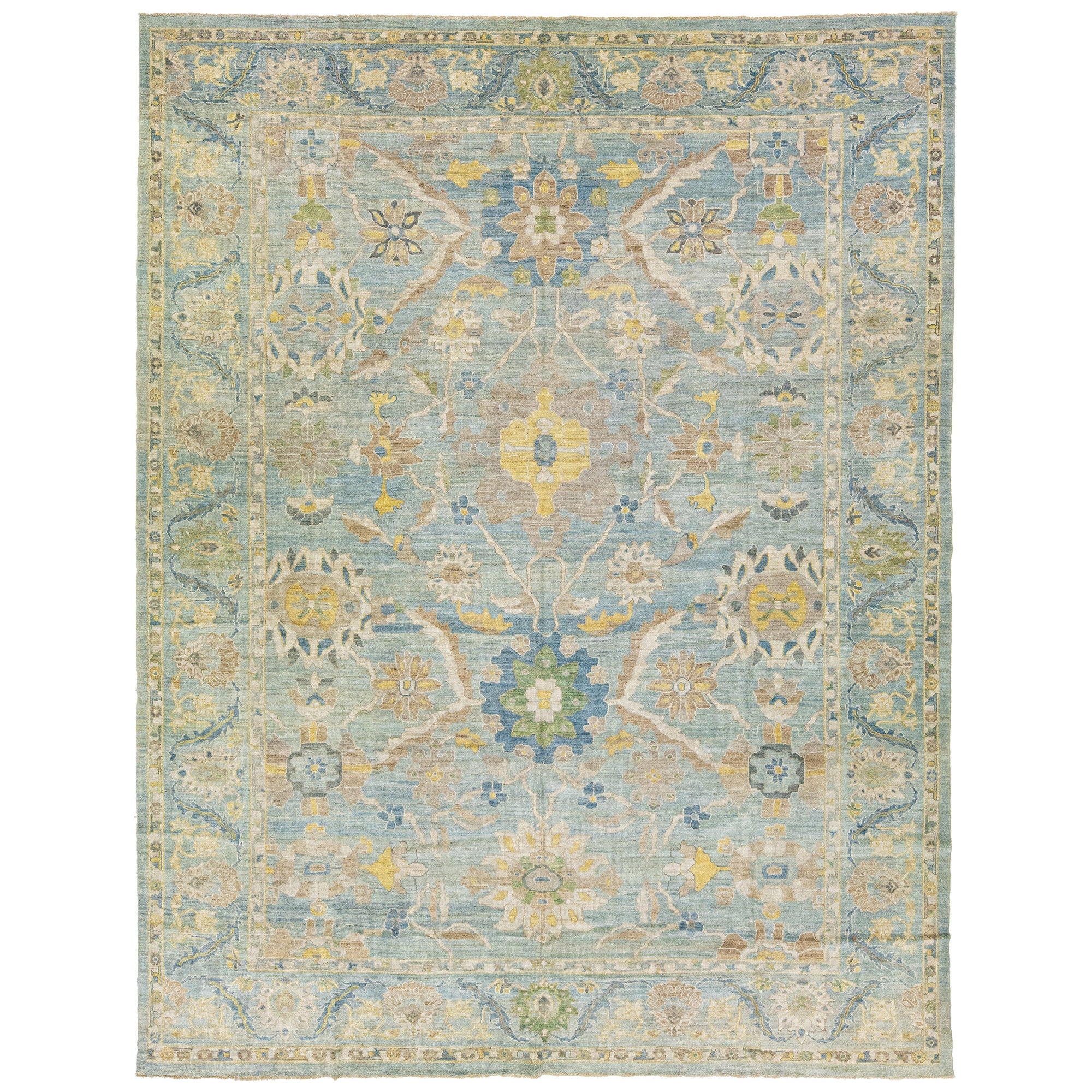 Oversize Handmade Sultanabad Floral Wool Rug In Blue For Sale