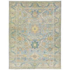 Oversize Handmade Sultanabad Floral Wool Rug In Blue