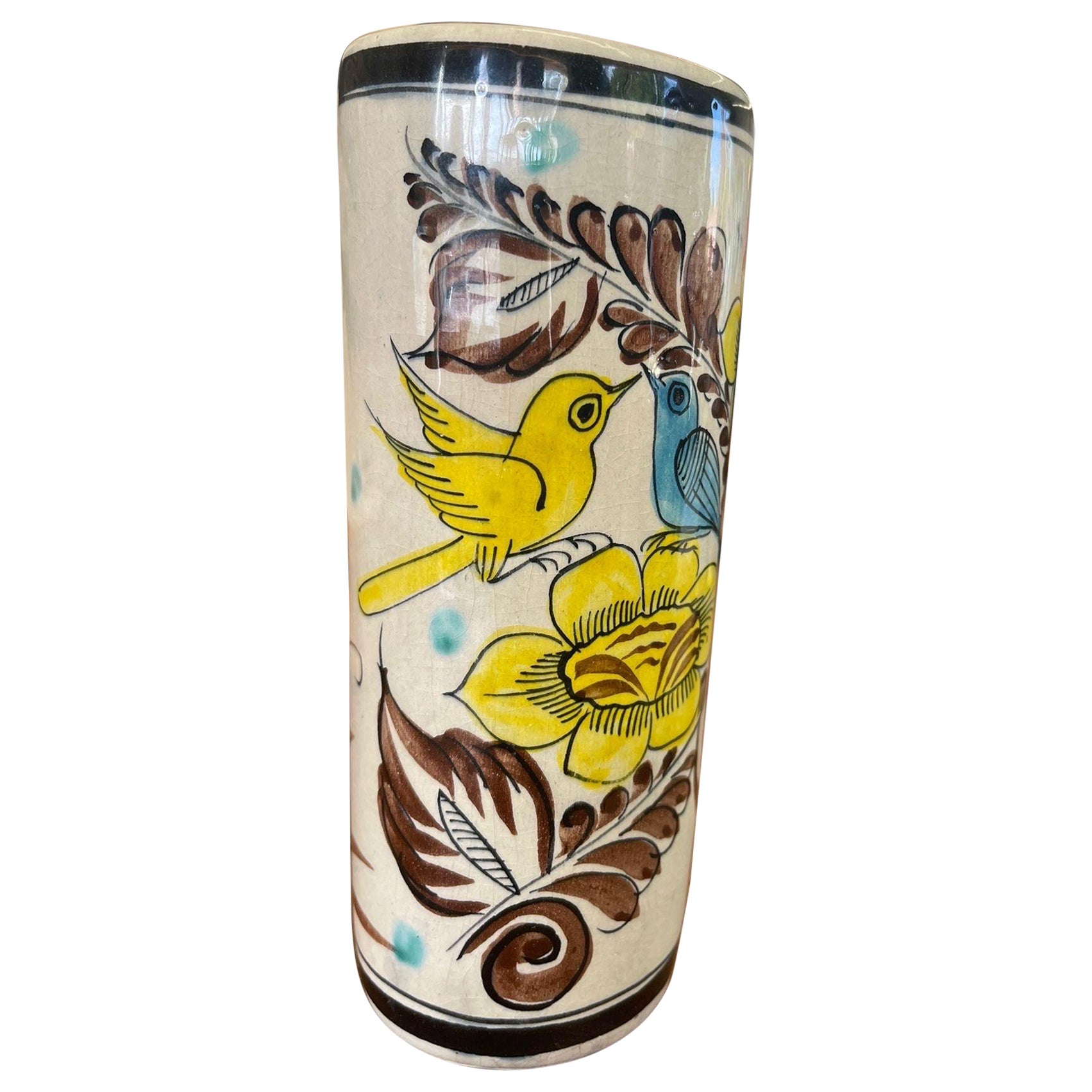 Vintage Ken Edwards Style Vase With Yellow Floral and Bird Motiff For Sale