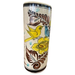 Vase vintage de style Ken Edwards avec motif floral jaune et oiseaux