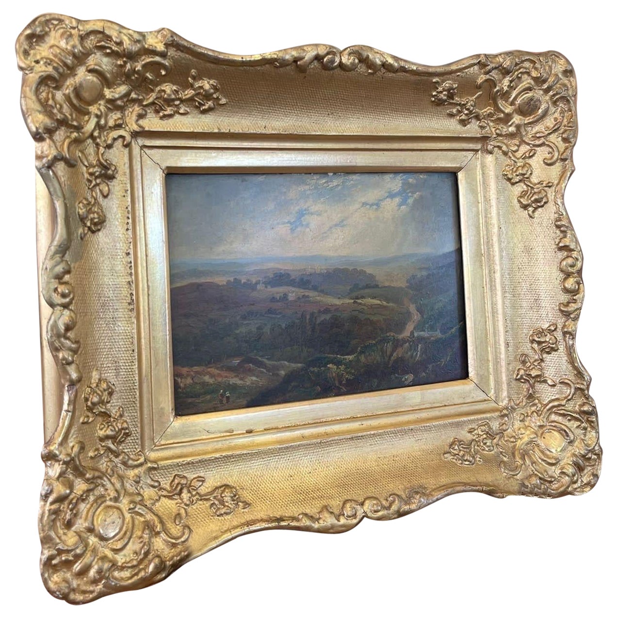 Peinture de paysage vintage à l'huile sur panneau encadrée en vente