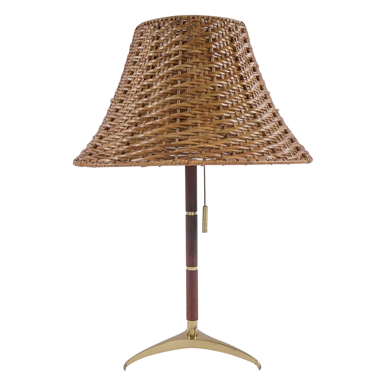 Lovely Mid-Century Modern Table Lamp in Brass, Wicker and Teak, 1950s, Austria For Sale