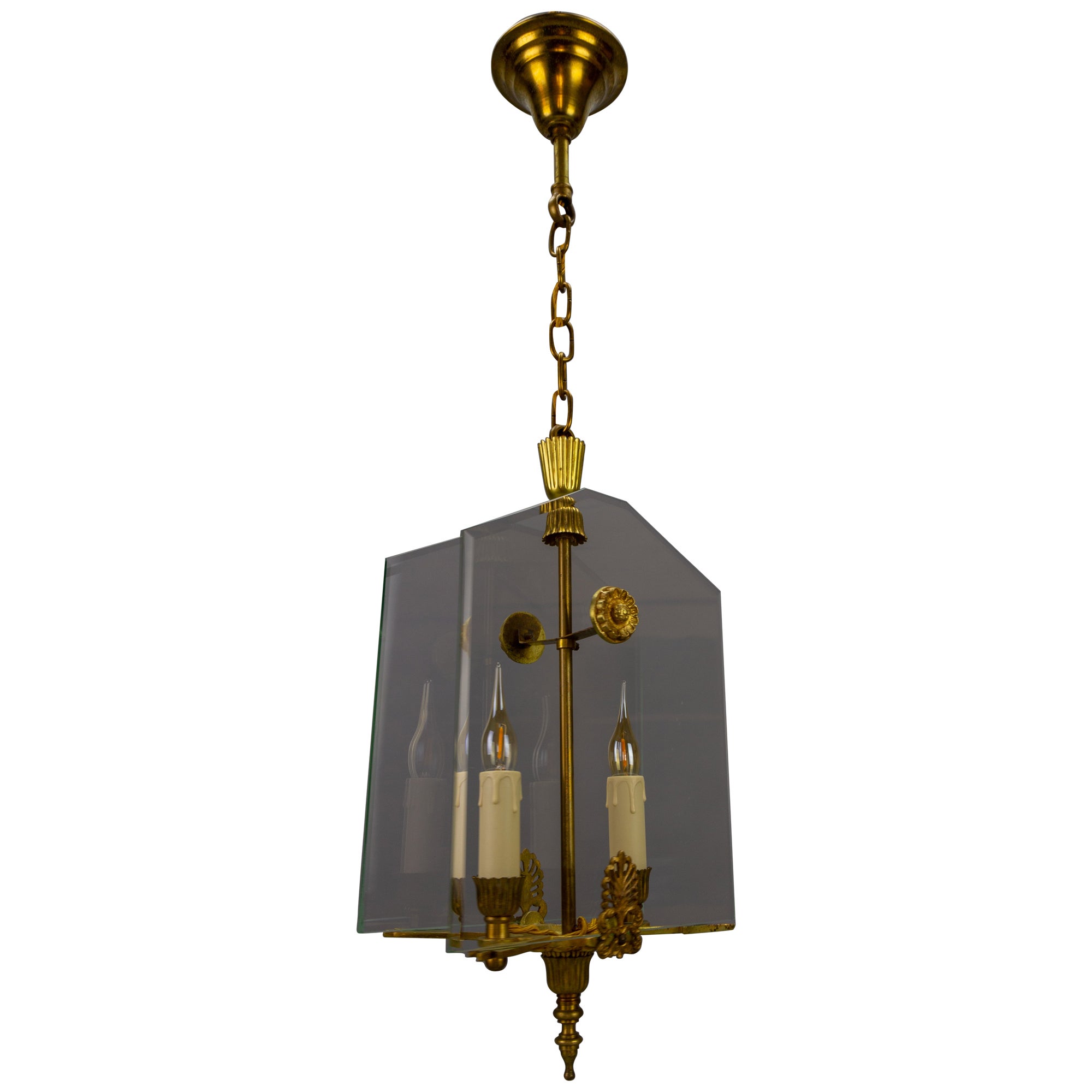 French Empire Style Glass and Bronze Two-Light Pendant Chandelier, 1950s For Sale