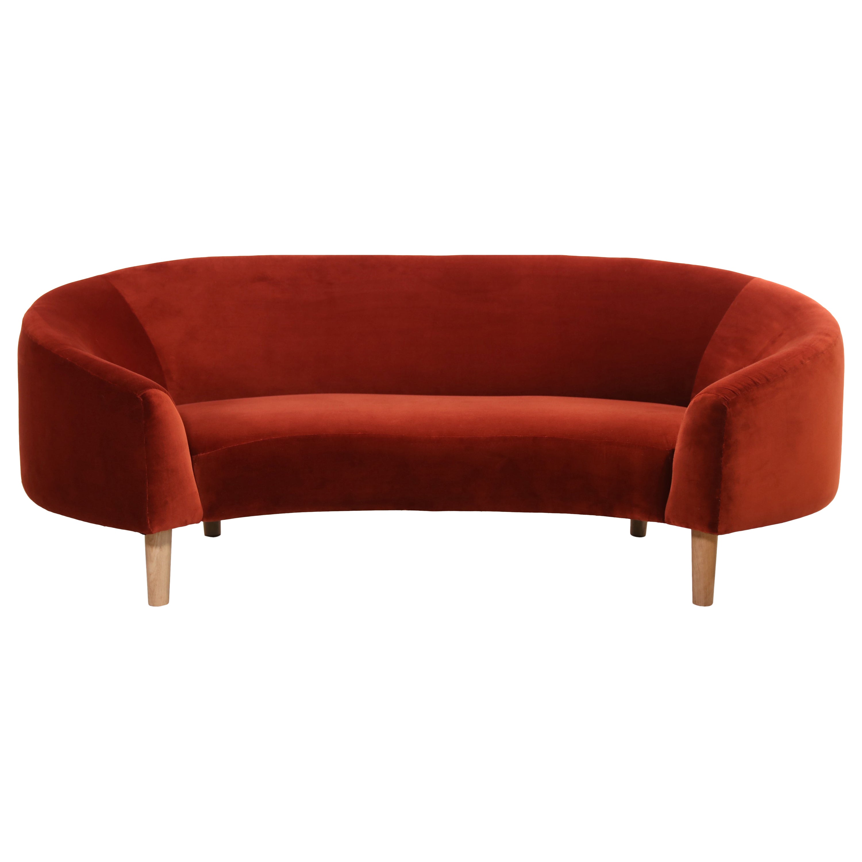 Mid century curved sofa in red velvet and oak For Sale