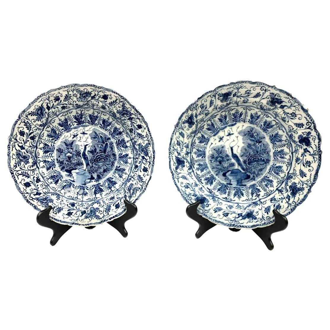 Pair Of European 18th Century Blue & White Glazed Chargers For Sale