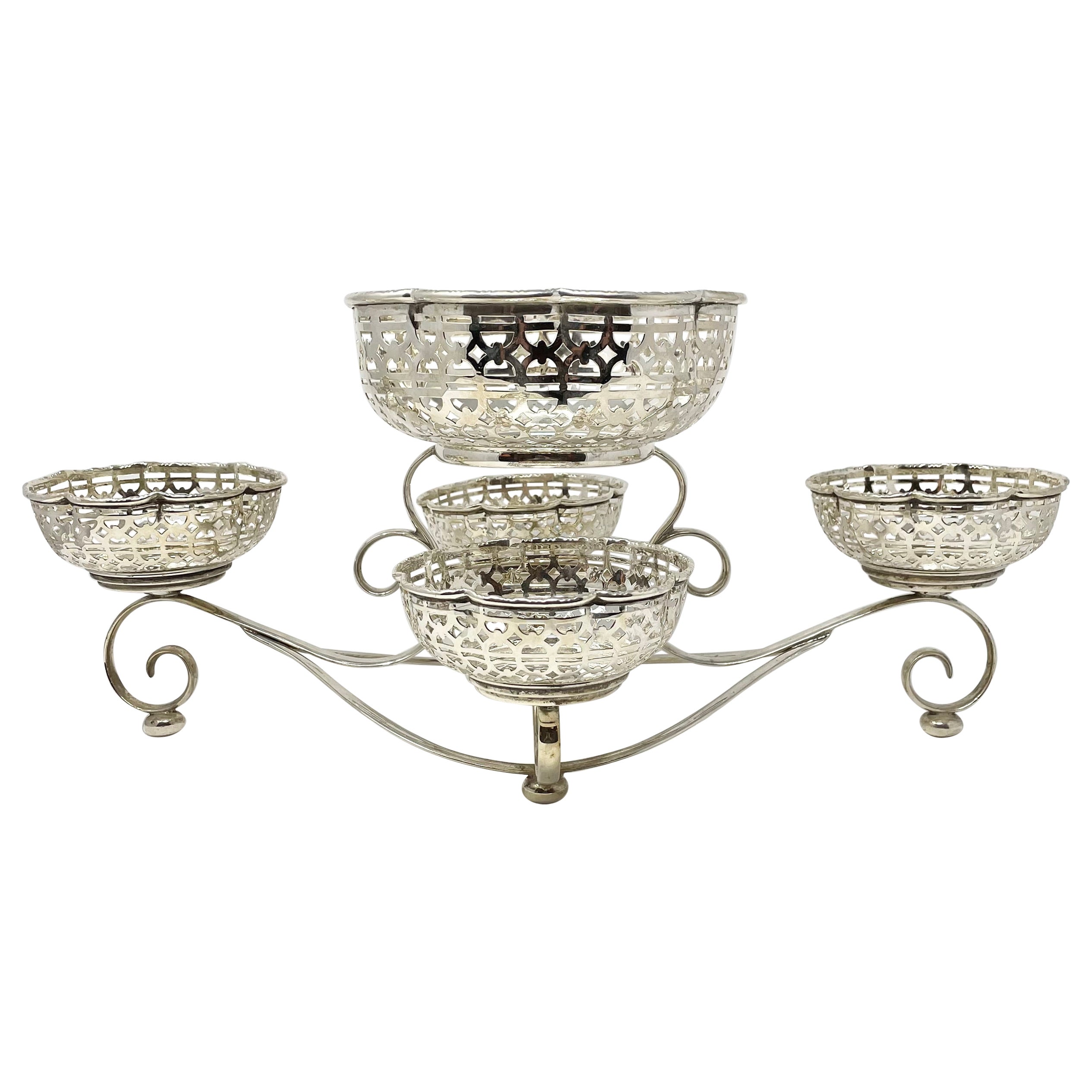 Antique English Silver-Plated 5 Piece Floral Epergne with Piercework, Circa 1900 For Sale