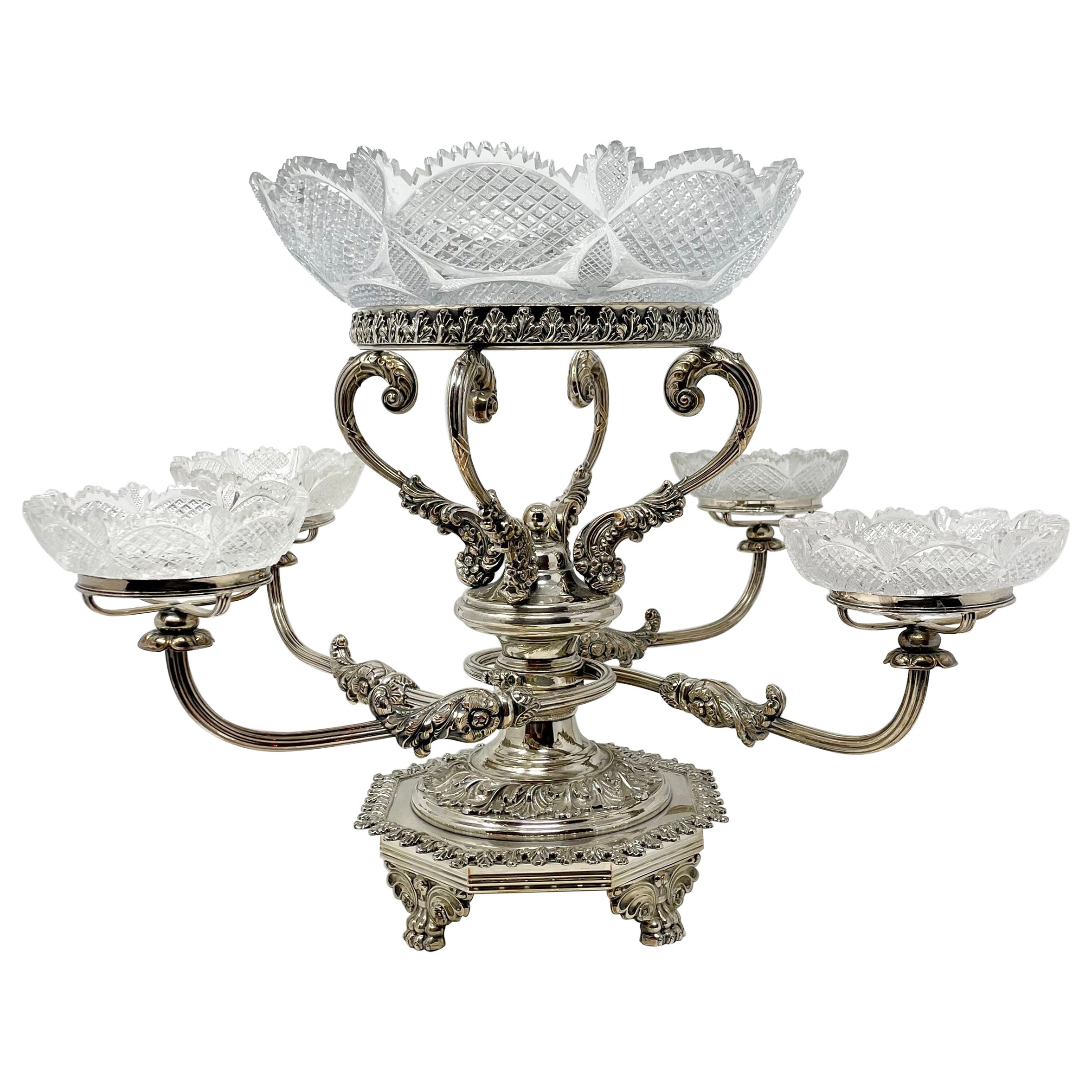 Antique English Georgian Silver and Cut Crystal Epergne, Circa 1840.