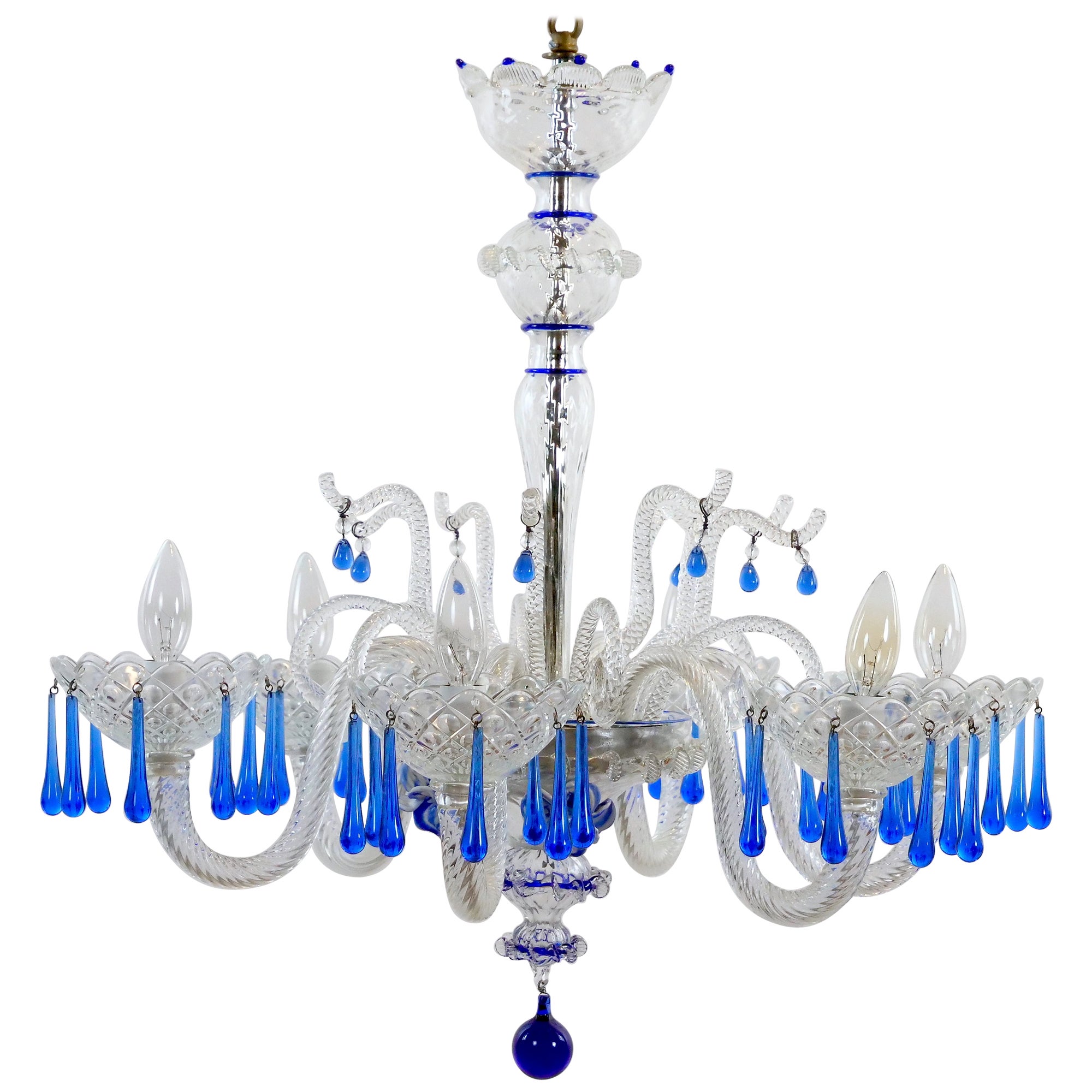 Hand Crafted / Mouth Blown Blue Venetian Murano Glass Six Arm Chandelier For Sale