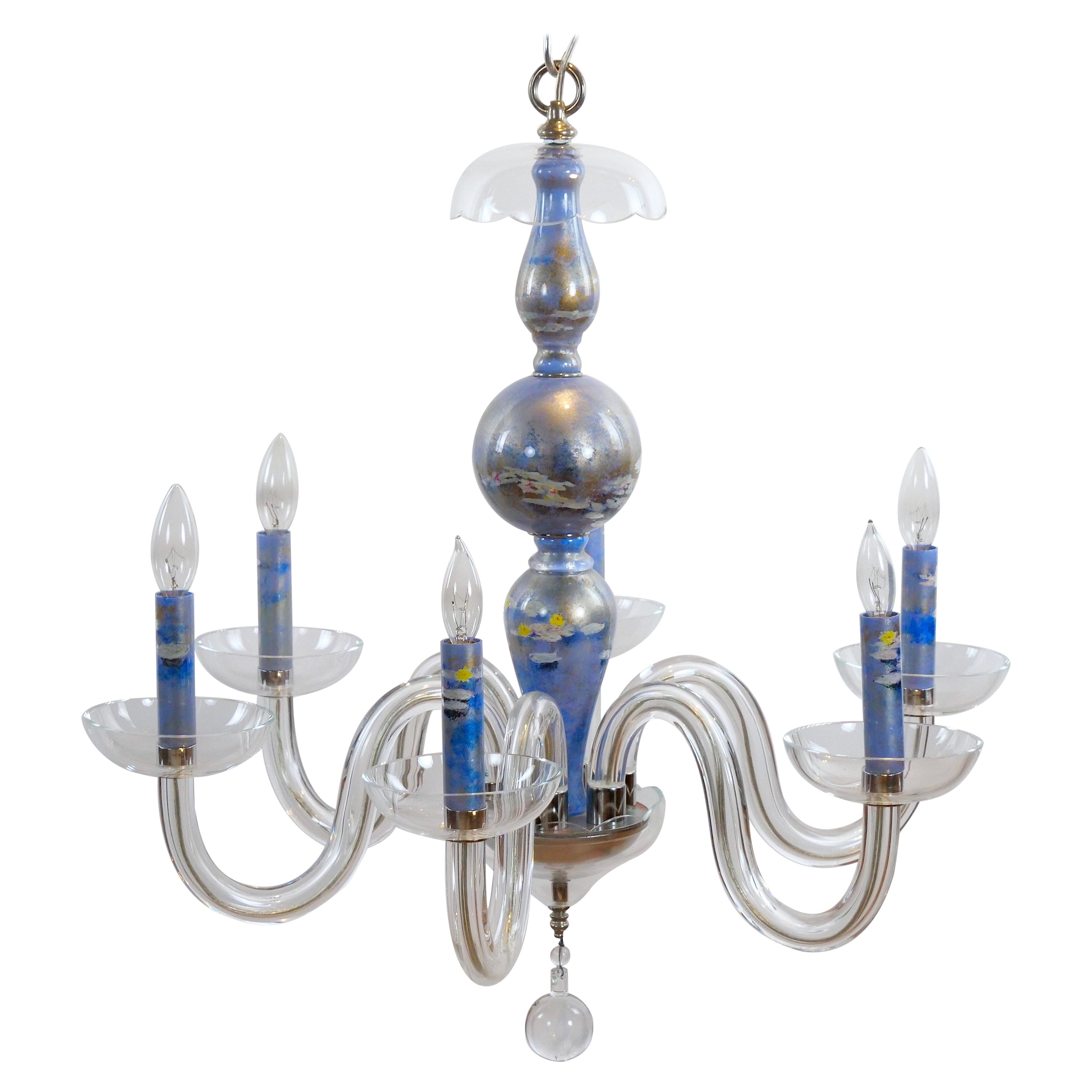 Monet water Lilies Blue / Silvered Decoupage Glass Chandelier For Sale