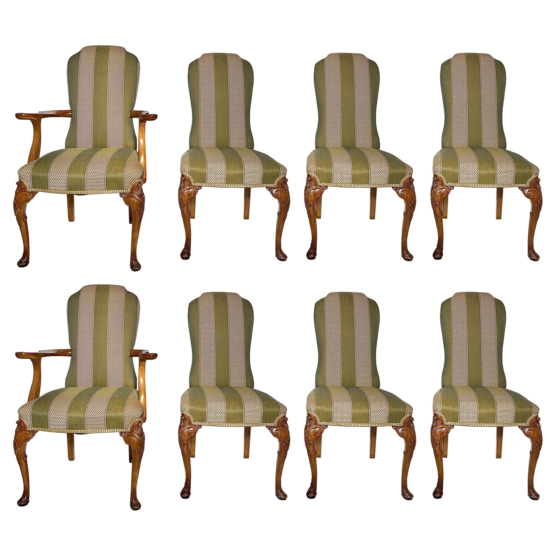 Set of 8 Antique English Carved Walnut Dining Chairs, Circa 1900.