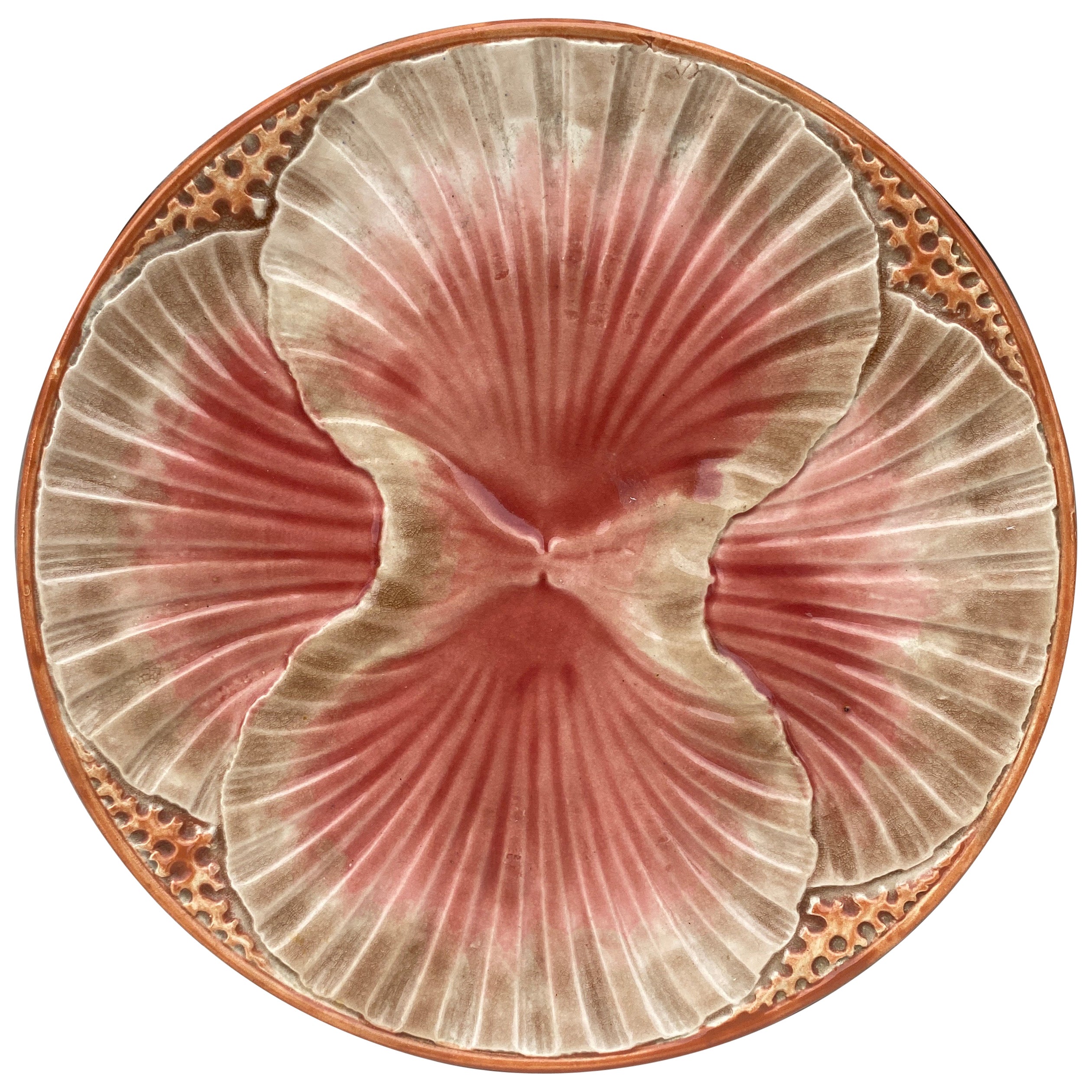 Large French Majolica Shell Plate Sarreguemines Circa 1920 For Sale