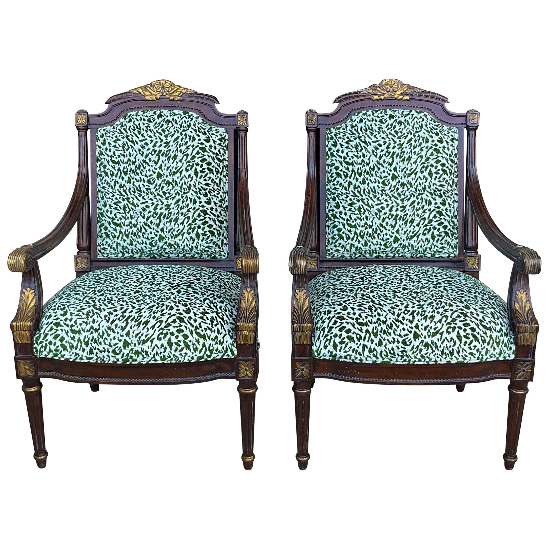 American French Louis XVI Style Mahogany & Giltwood Bergere Chairs In Green Velvet - Pair For Sale