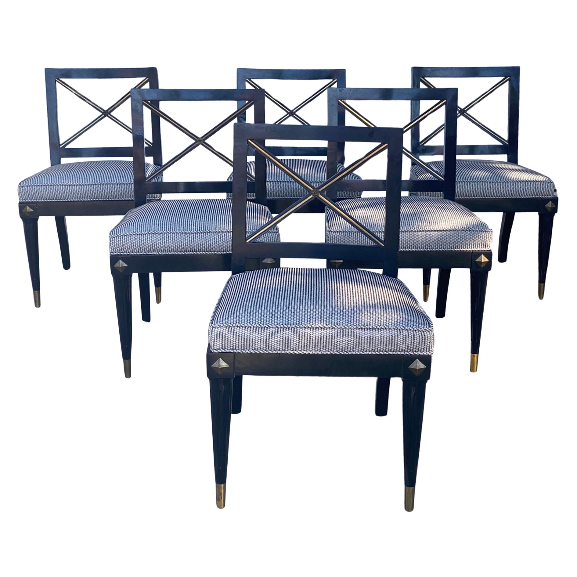 Set of Six Vintage Directoire Style Black & Gold Dining Chairs Modern Chic  For Sale