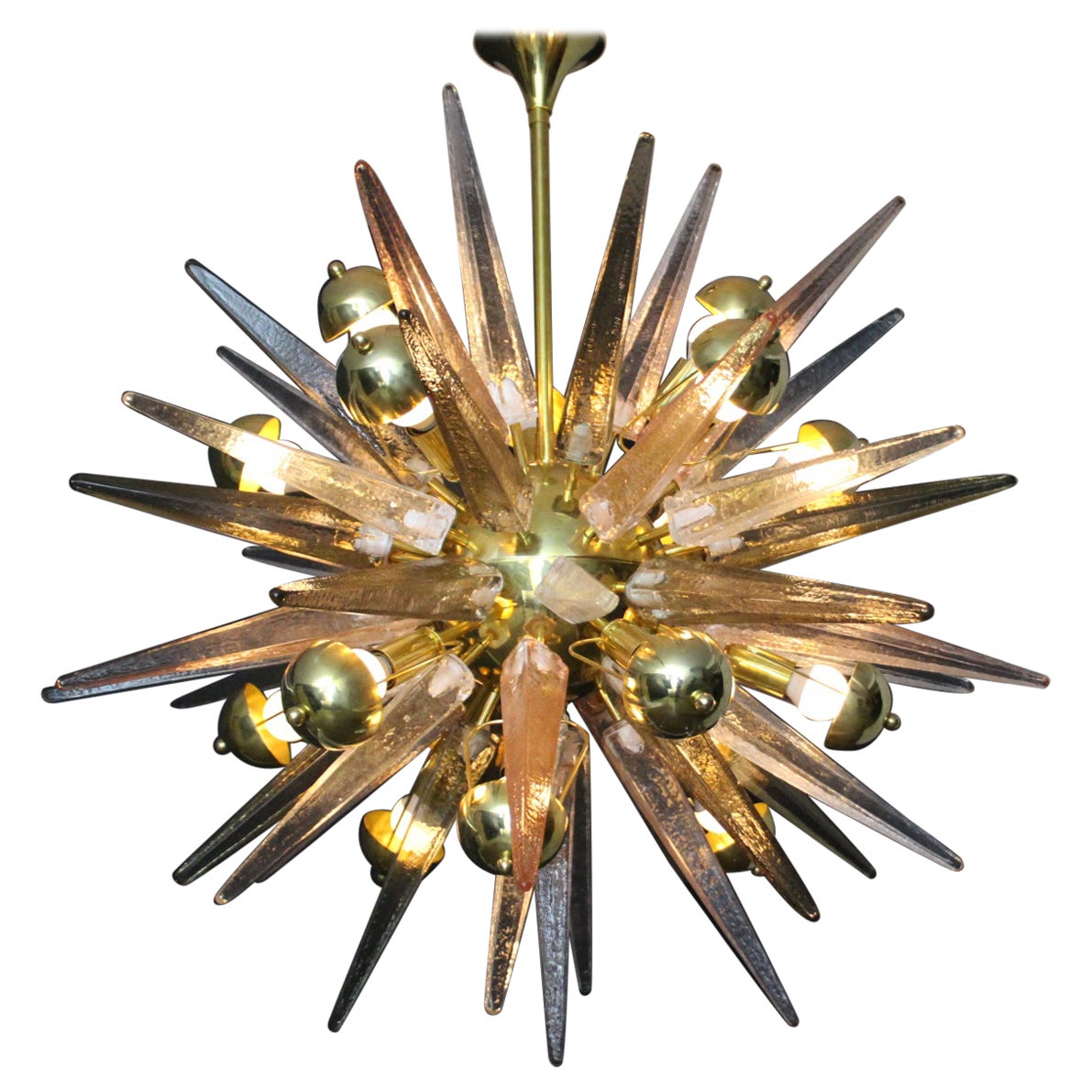 Sputnik Chandelier with Pink, Smoke and Clear Crystal Murano Glass Spikes For Sale