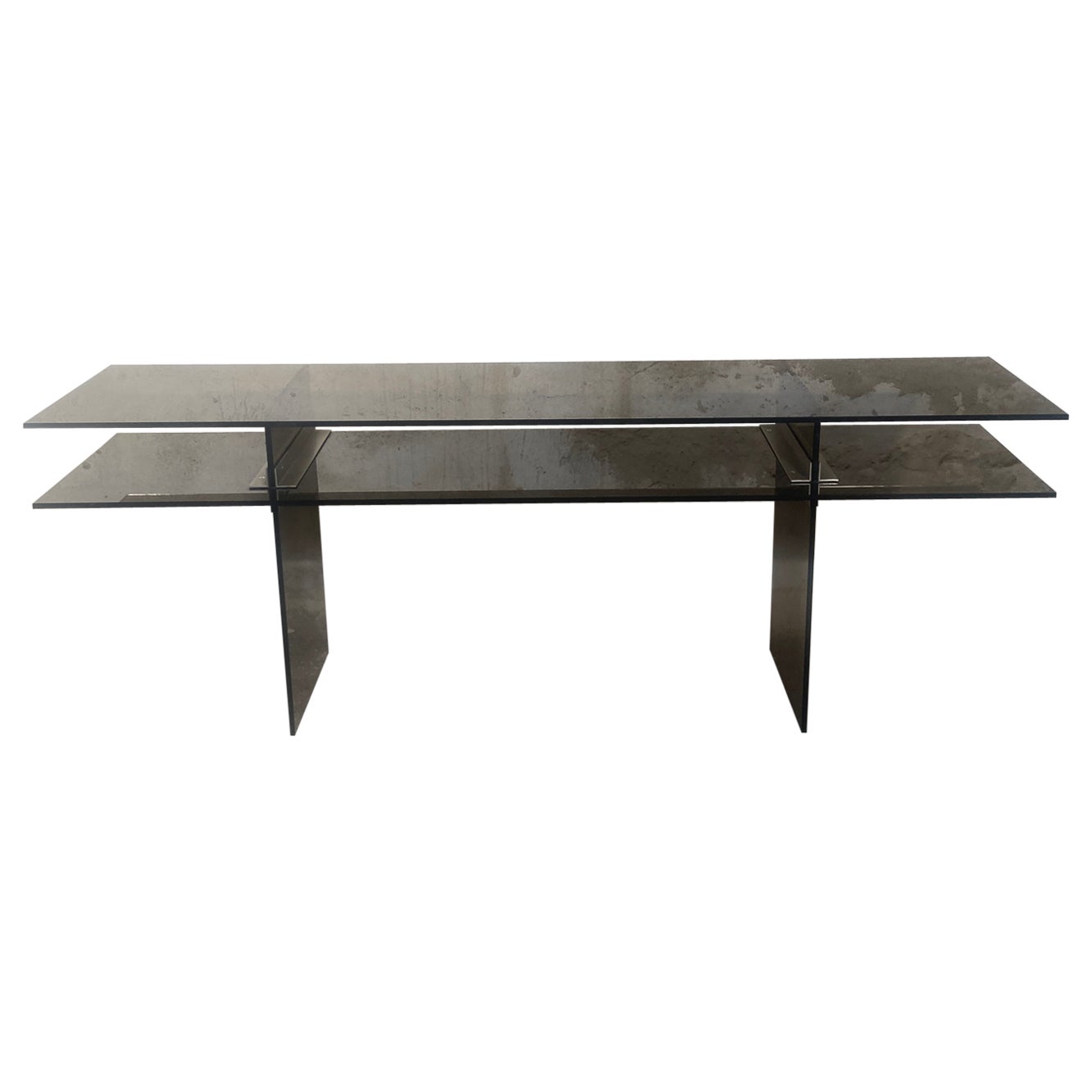 Mid-Century Modern Italian Smoked Glass Console with Stainless Steel Junctions For Sale