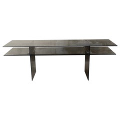 Mid-Century Modern Italian Smoked Glass Console with Stainless Steel Junctions