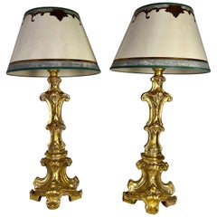 Italian Giltwood Candlestick Lamps w/ Parchment Shades