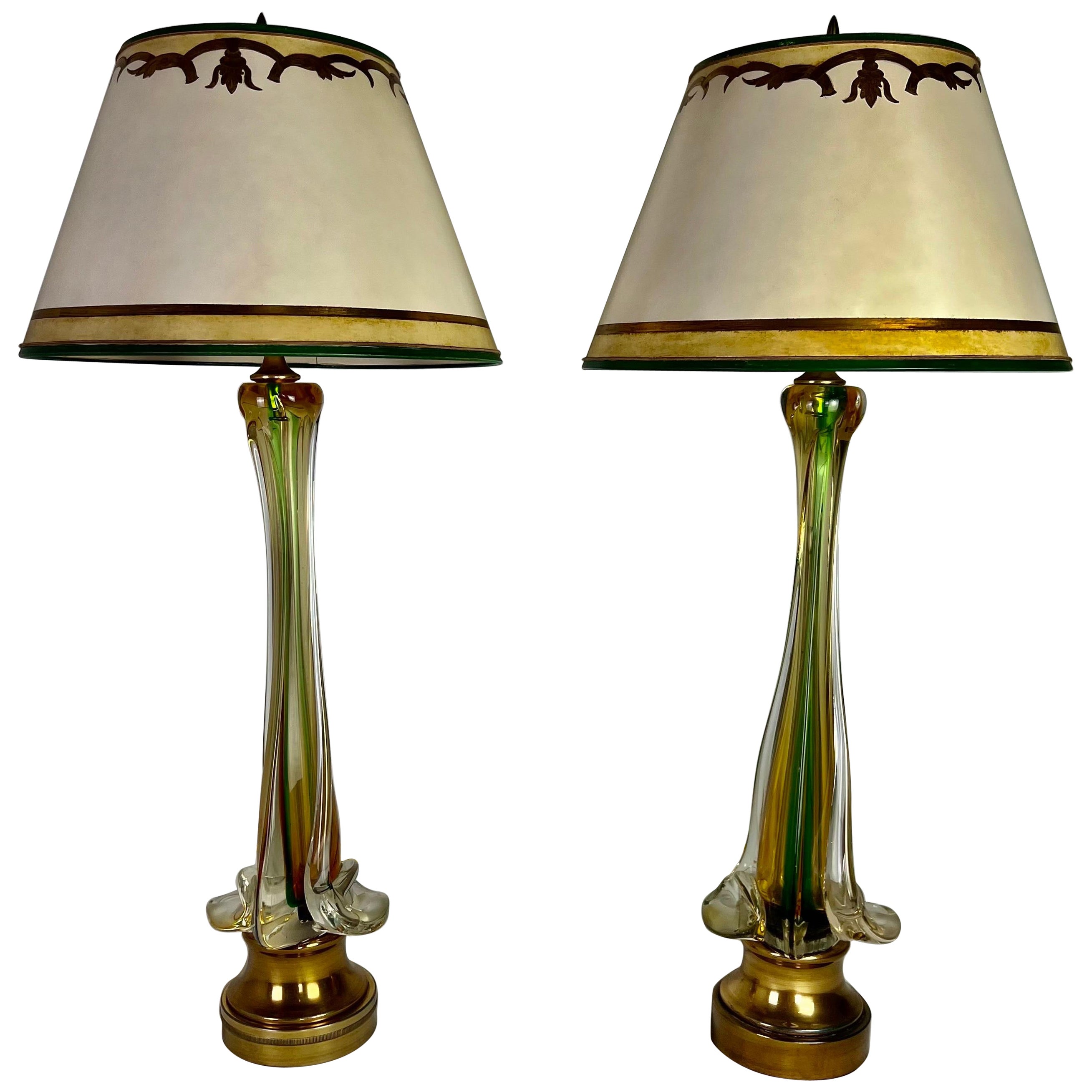 20th Century Italian Art Glass Lamps with Parchment Shades, Pair For Sale