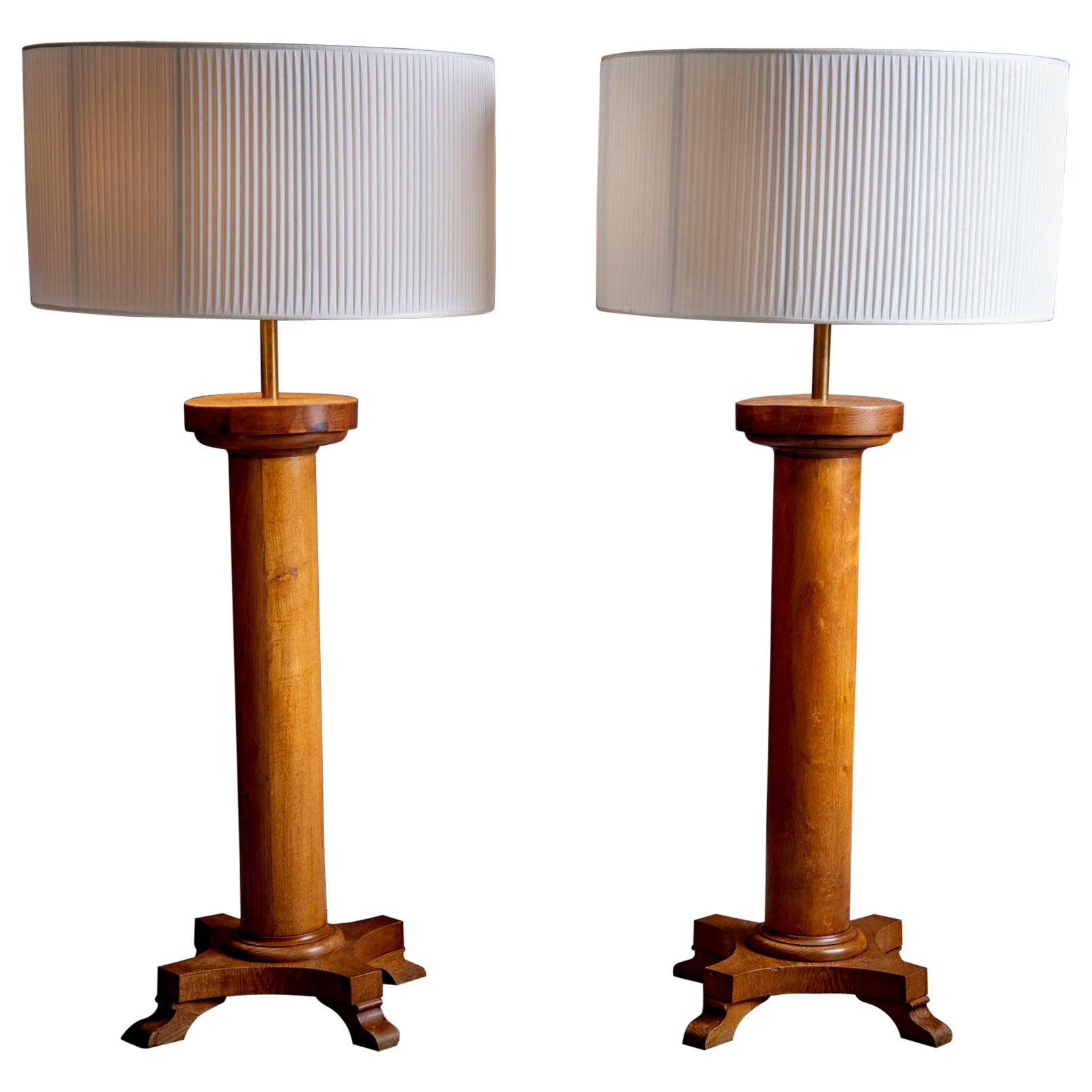 Gigantic Pair of Italian Floor Lamps with sculptural oak base, 1940s  For Sale