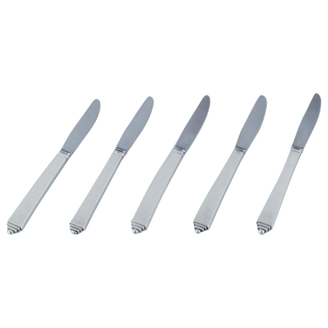 Georg Jensen Pyramid, set of five long-handled lunch knives.