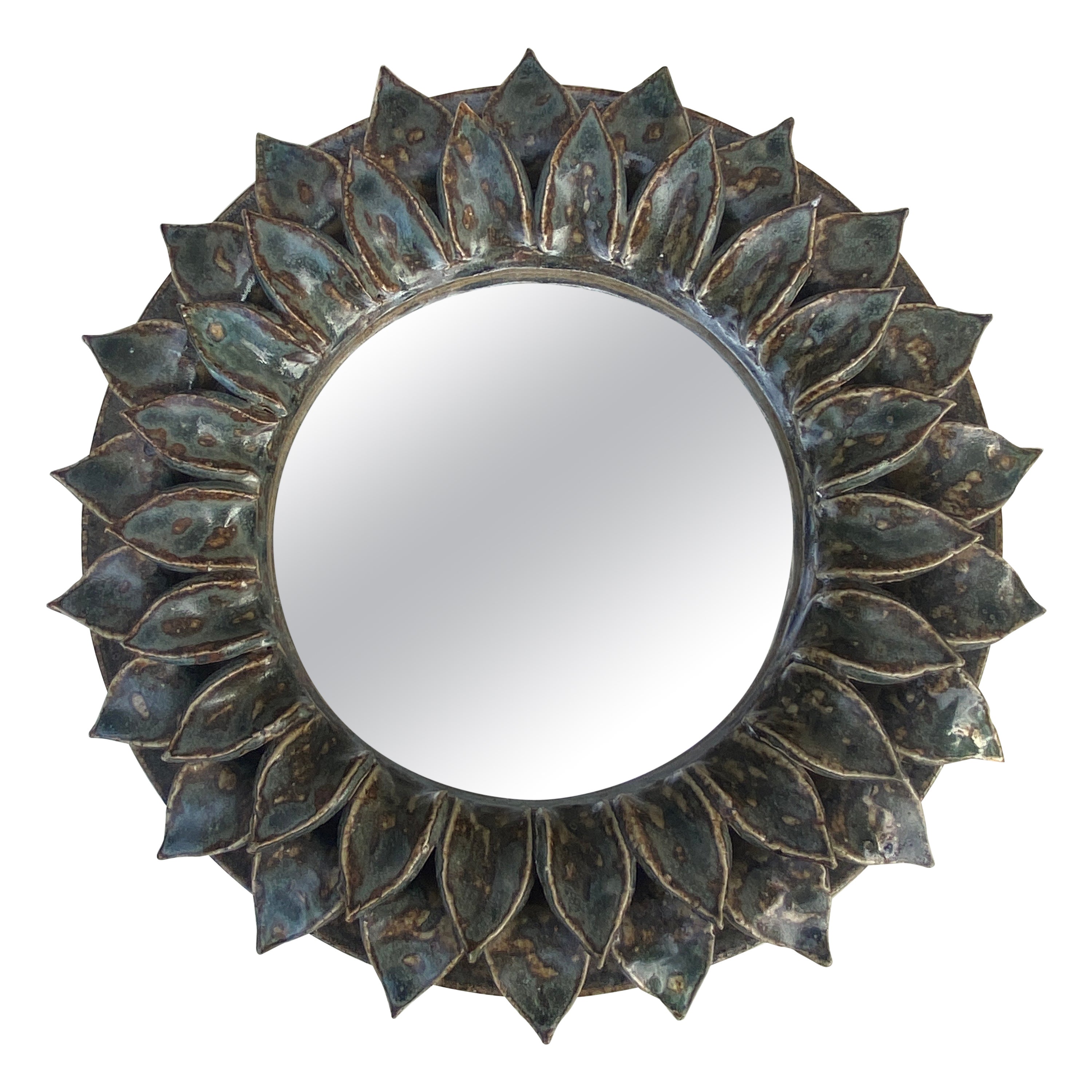 Mid-Century French Ceramic Round Leaves Mirror For Sale